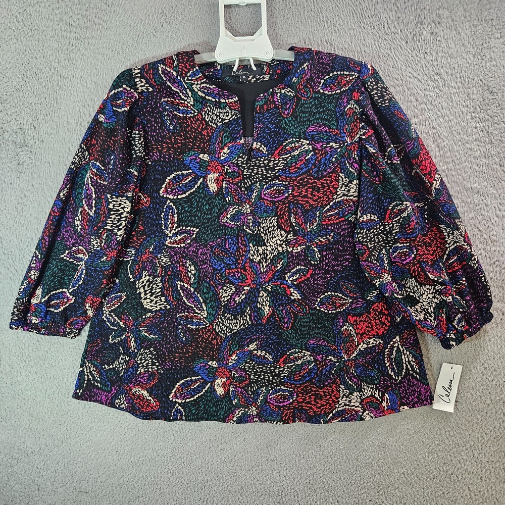 $69 NEW Calessa Top Blouse Women XL Split Neck Stretch Floral Multicolor